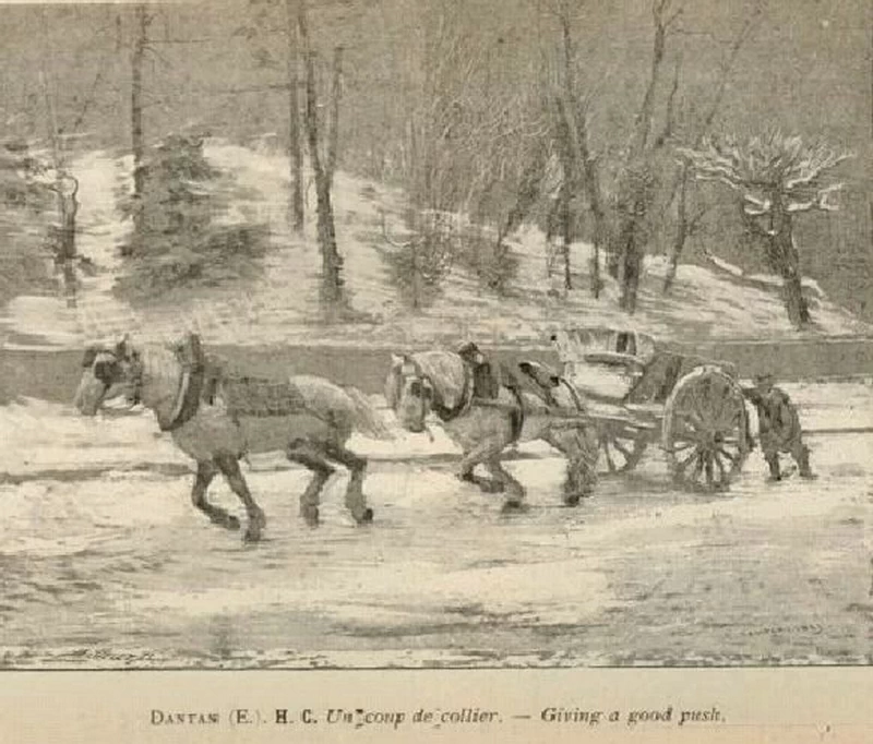 Una spinta (effetto neve, cavalli attaccati a un tumper che salgono su una collina)